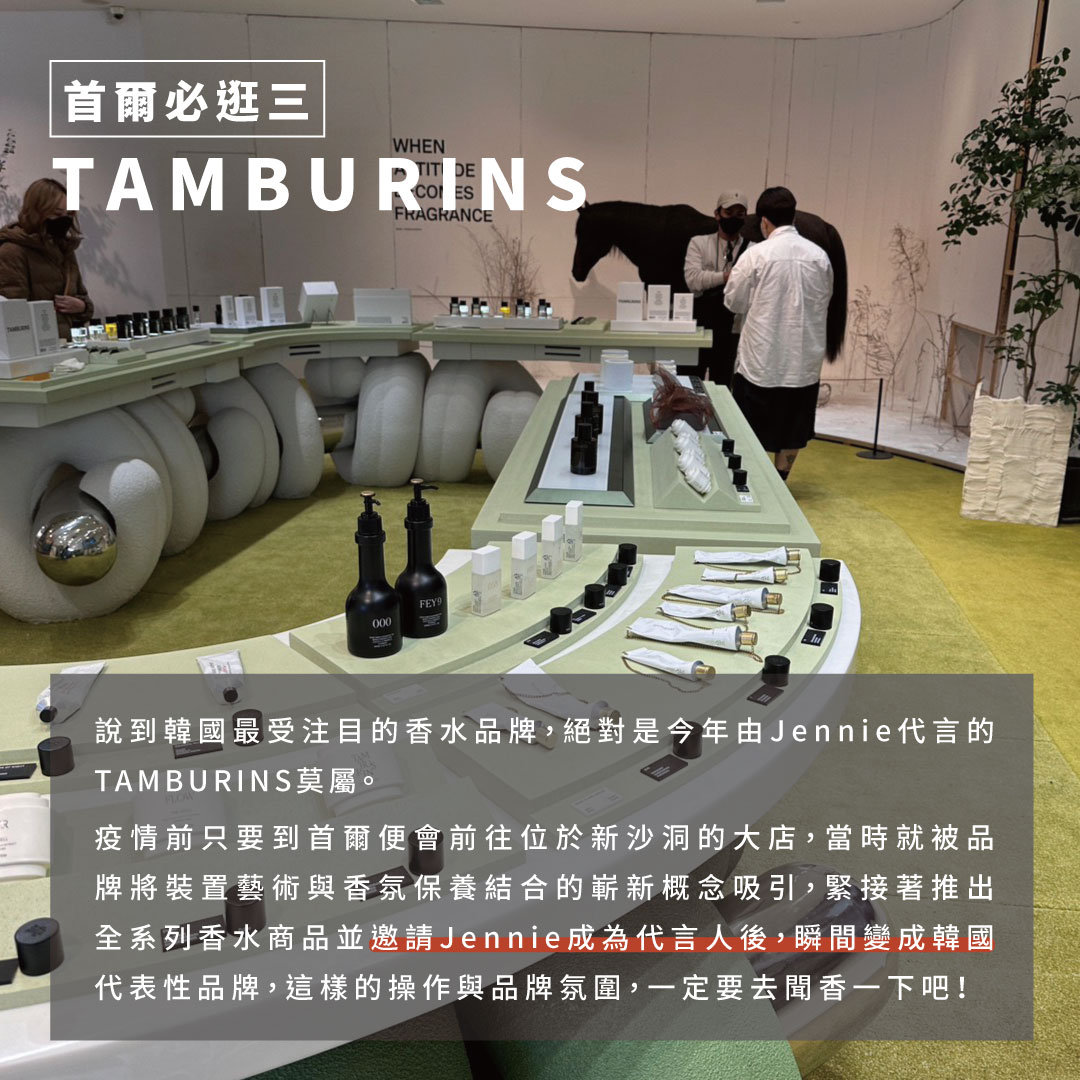 韓國最受注目的香水品牌，絕對是今年度由Jennie代言的TAMBURINS 莫屬。在疫情前只要到首爾便會前往位於新沙洞的大店，當時便被品牌將裝置藝術與香氛保養結合的嶄新概念吸引，緊接著推出全系列香水商品並邀請Jennie成為代言人後瞬間變成韓國代表性品牌，這樣的操作與品牌氛圍，一定要去聞香一下的吧！ 亮點：不管你對香氛有沒有興趣，TAMBURINS的策展方式絕對值得前往，對應各種價格帶的豐富產品線，送禮自用倆相宜。